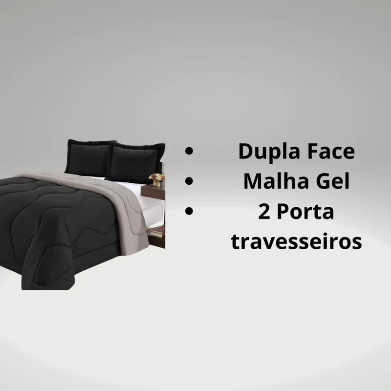 Edredom Casal Queen Dupla Face Malha Gel 3 Peças Preto Com Cinza